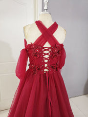Black Long Dress, Dark Red Tulle Lace Long Prom Dress, Red Tulle Lace Evening Dress