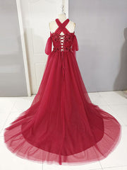 Off Shoulder Prom Dress, Dark Red Tulle Lace Long Prom Dress, Red Tulle Lace Evening Dress