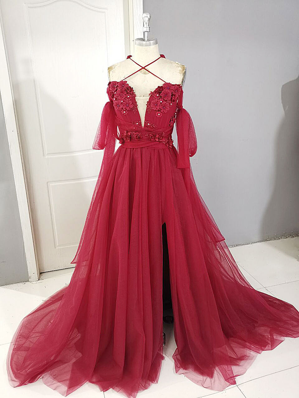 Princess Prom Dress, Dark Red Tulle Lace Long Prom Dress, Red Tulle Lace Evening Dress
