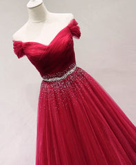 Evening Dress With Sleeves Uk, Dark Red Tulle Off Shoulder Long Prom Dress, Beaded Party Dress