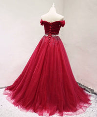 Evening Dress Suit, Dark Red Tulle Off Shoulder Long Prom Dress, Beaded Party Dress