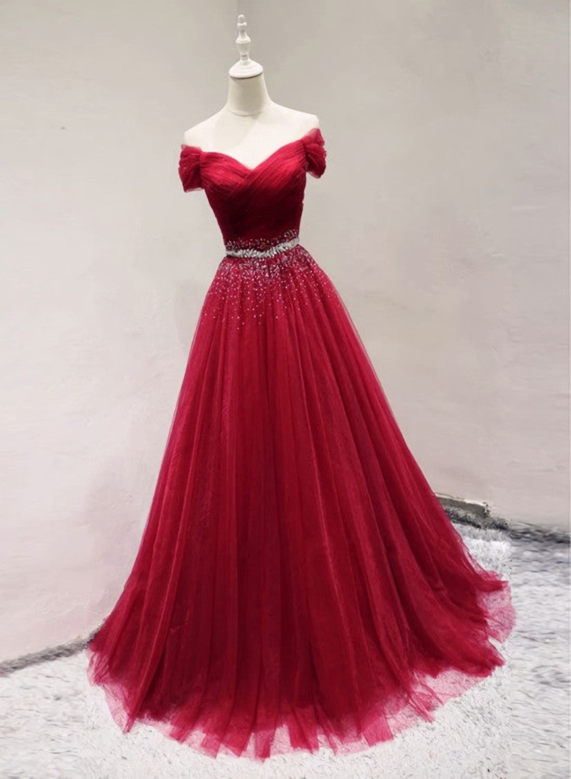 Evening Dresses For Over 58S, Dark Red Tulle Off Shoulder Long Prom Dress, Beaded Party Dress