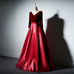 Prom Dresses 2029 Cheap, Dark Red Velvet and Satin V-neckline Long Prom Dresses Evening Dress, Red Bridesmaid Dresses