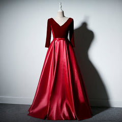 Prom Dress Ballgown, Dark Red Velvet and Satin V-neckline Long Prom Dresses Evening Dress, Red Bridesmaid Dresses