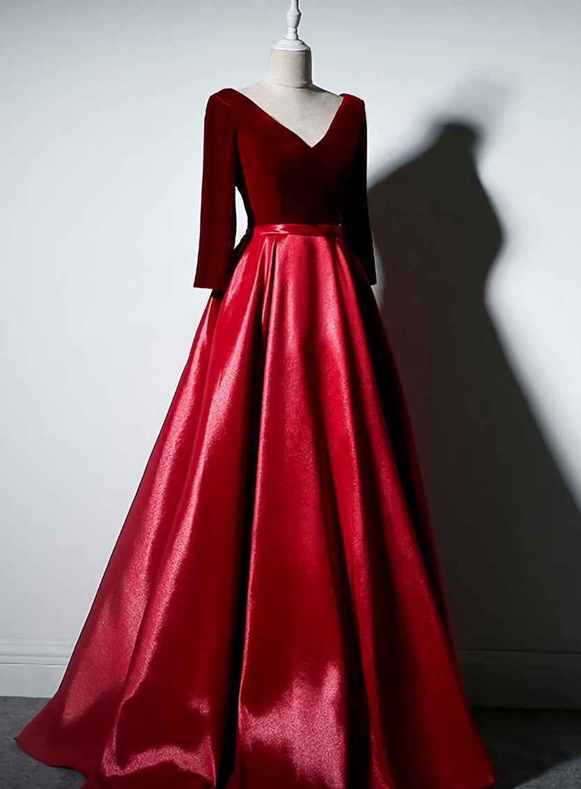 Prom Dresses Blush, Dark Red Velvet and Satin V-neckline Long Prom Dresses Evening Dress, Red Bridesmaid Dresses