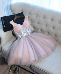 Senior Prom Dress, Cute Pink V Neck Tulle Seqsuins Short Prom Dress, Cocktail Dress