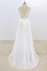 Wedding Dress Open Back, Deep V-neck Lace A-line Tulle Wedding Dress