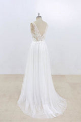 Wedding Dress For Bride And Groom, Deep V-neck Lace A-line Tulle Wedding Dress