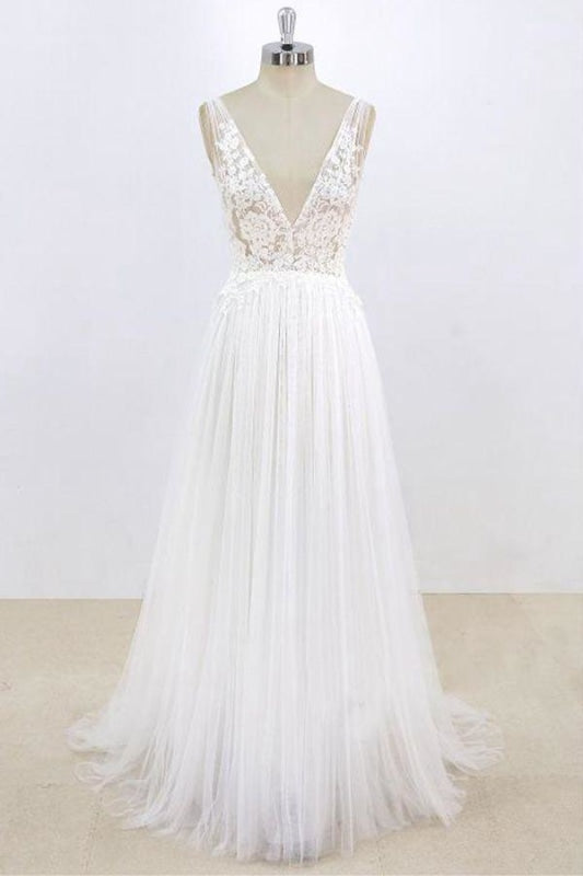 Wedding Dresses Open Back, Deep V-neck Lace A-line Tulle Wedding Dress