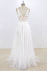 Wedding Dresses Open Back, Deep V-neck Lace A-line Tulle Wedding Dress