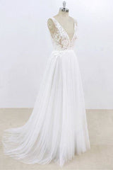 Wedding Dresses For Bride And Groom, Deep V-neck Lace A-line Tulle Wedding Dress