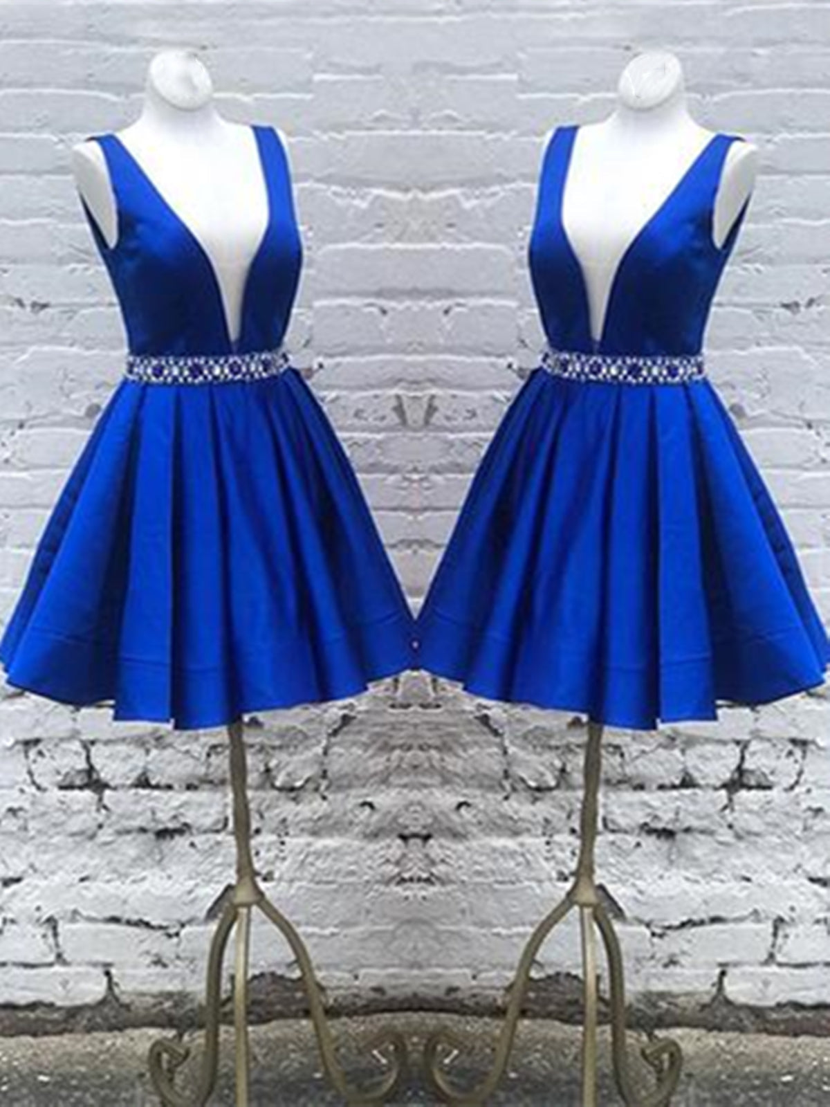 Party Dress Glitter, Deep V Neck Royal Blue Short Satin Prom Dresses, Royal Blue V Neck Short Formal Homecoming Dresses
