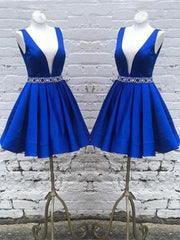 Party Dress Glitter, Deep V Neck Royal Blue Short Satin Prom Dresses, Royal Blue V Neck Short Formal Homecoming Dresses