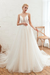 Wedding Dresses Classic, Deep V See Through Neck Bridal Dresses Spaghetti Straps Fairy Tulle Wedding Gowns