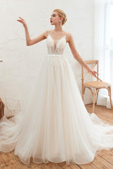 Wedding Dress Classic, Deep V See Through Neck Bridal Dresses Spaghetti Straps Fairy Tulle Wedding Gowns