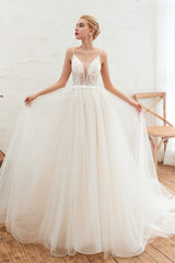 Wedding Dresses With Long Sleves, Deep V See Through Neck Bridal Dresses Spaghetti Straps Fairy Tulle Wedding Gowns