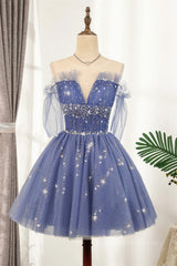 Prom Dresses Purple, Diamond Blue Tulle Short Homecoming Dress