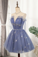 Prom Dresses Ball Gowns, Diamond Blue Tulle Short Homecoming Dress