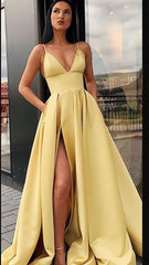 Formal Dresses For Fall Wedding, Different Colors A-line Satin Sleeveless Spaghetti Straps Slit Prom Dress