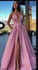 Formal Dress For Girls, Different Colors A-line Satin Sleeveless Spaghetti Straps Slit Prom Dress