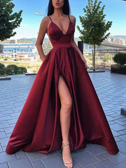 Formal Dresses For Girls, Different Colors A-line Satin Sleeveless Spaghetti Straps Slit Prom Dress