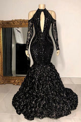 Bridesmaid Dresses With Lace, Dignified Black Halter Long Sleeve Transparent Lace Sequin Mermaid Prom Dresses
