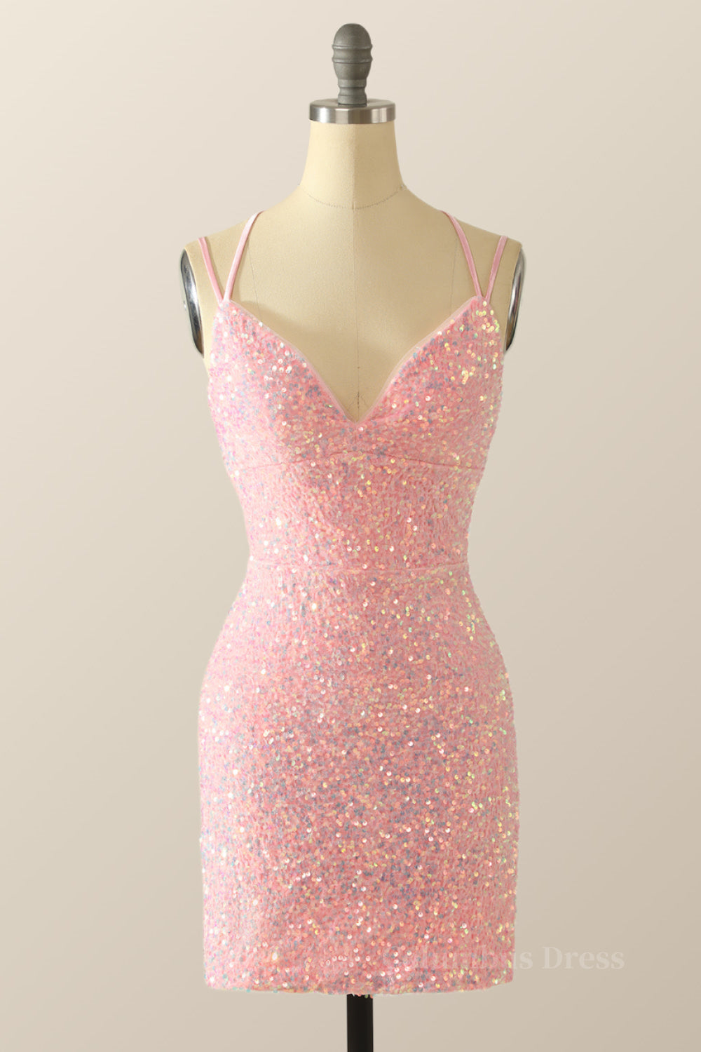 Homecoming Dresses Pockets, Double Straps Pink Sequin Bodycon Mini Dress