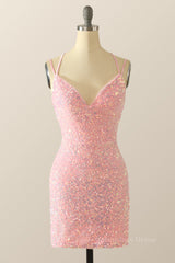 Homecoming Dresses Pockets, Double Straps Pink Sequin Bodycon Mini Dress