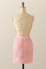 Homecoming Dress Pockets, Double Straps Pink Sequin Bodycon Mini Dress
