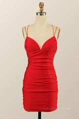 Homecoming Dress Blue, Double Straps Red Empire Red Tight Mini Dress