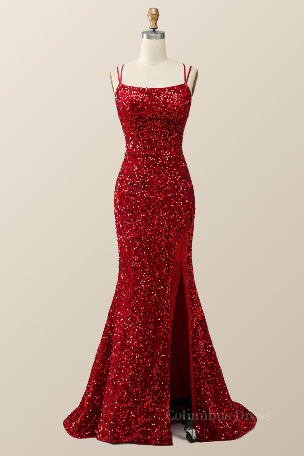 Party Dresses Night, Double Straps Red Sequin Mermaid Long Prom Dress