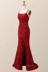 Party Dress For Night, Double Straps Red Sequin Mermaid Long Prom Dress