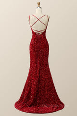 Party Dress Luxury, Double Straps Red Sequin Mermaid Long Prom Dress