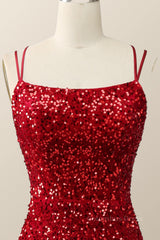 Party Dress Aesthetic, Double Straps Red Sequin Mermaid Long Prom Dress