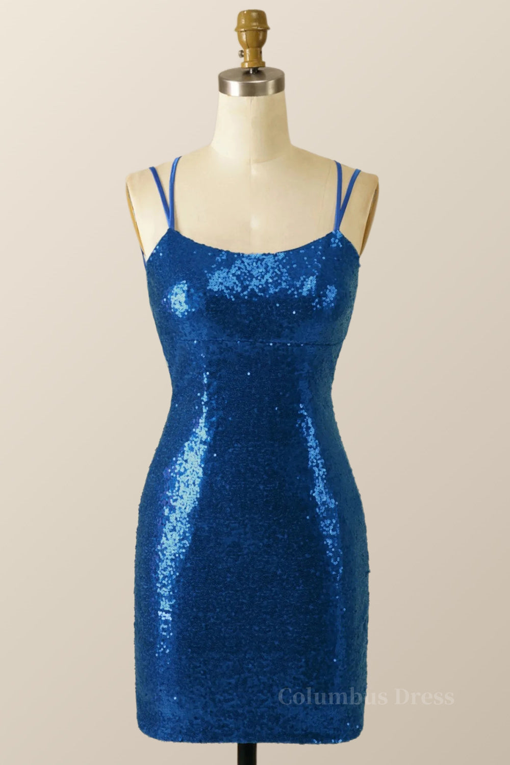 Homecoming Dresses Fitted, Double Straps Royal Blue Sequin Tight Mini Dress