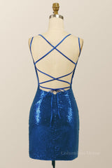 Homecomming Dresses Fitted, Double Straps Royal Blue Sequin Tight Mini Dress
