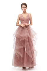 Prom Dress Fitted, Double V-Neck Beaded Applique Layered Tulle Prom Dresses