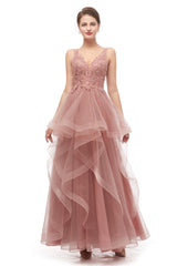 Prom Dresses Fitting, Double V-Neck Beaded Applique Layered Tulle Prom Dresses