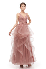 Prom Dress Long Formal Evening Gown, Double V-Neck Beaded Applique Layered Tulle Prom Dresses