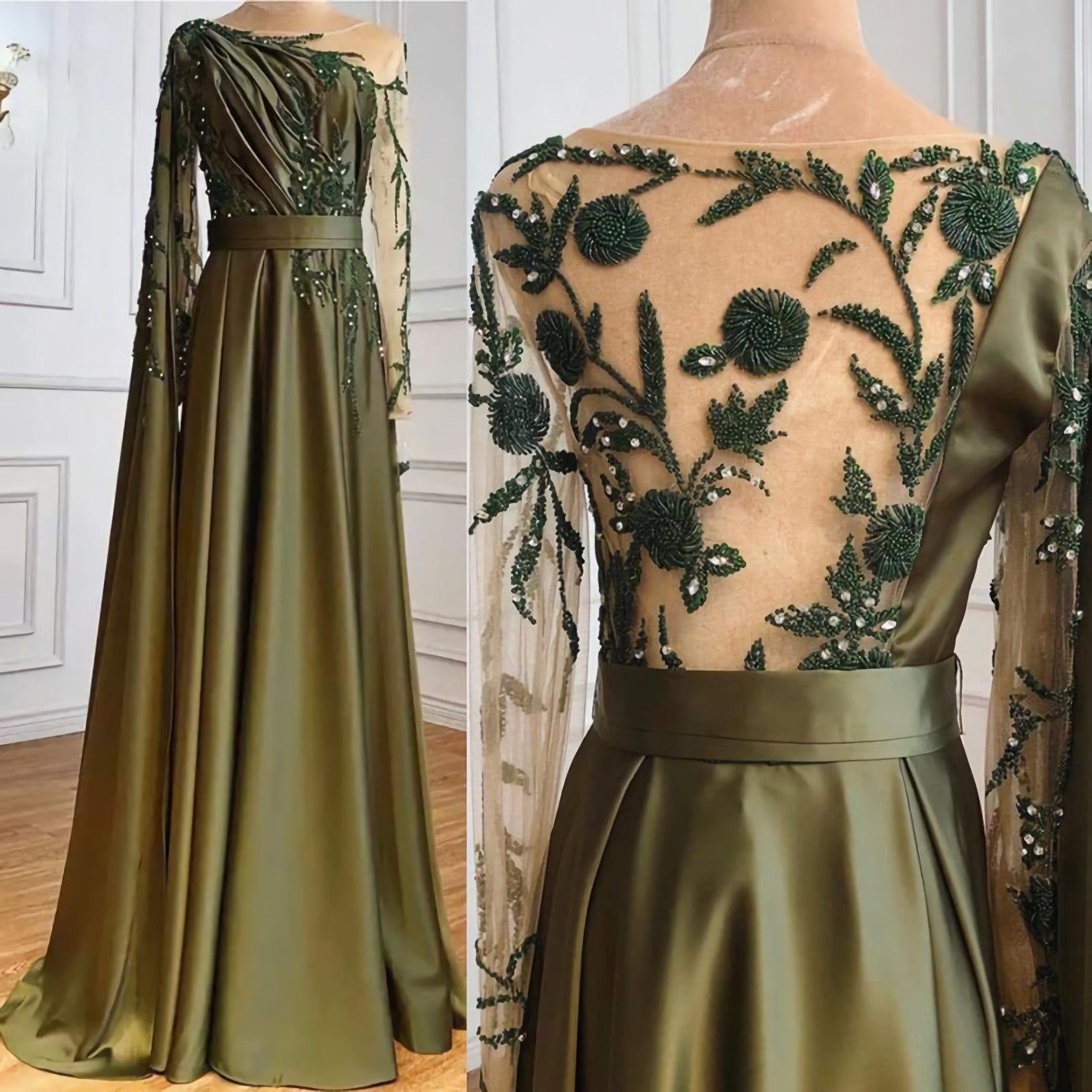 Navy Blue Dress, Luxury Olive Green Evening Moroccan Dress, Beading Sequined Formal Party Wear Gown Dubai Evening Dress