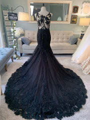 Wedding Dress With Sleev, Black Wedding Dress, Gothic Wedding Dress, Mermaid Black Dress, A Line Wedding Dress, Black Lace Wedding Dress, Illusion Back Wedding Dress