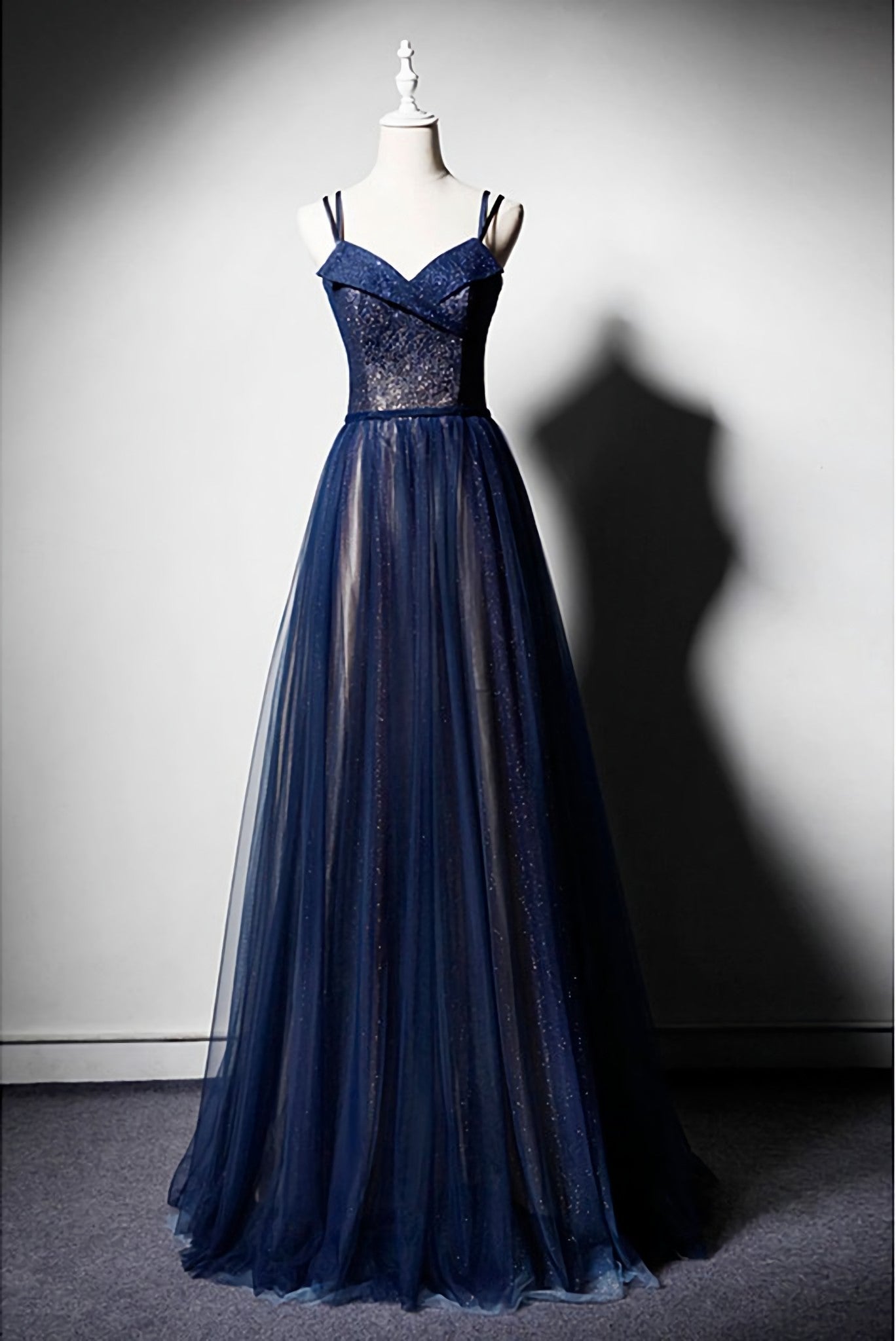 Evening Dresses Gowns, Navy Blue Tulle V Neck Long Women Prom Dress, Lace Up Evening Dress