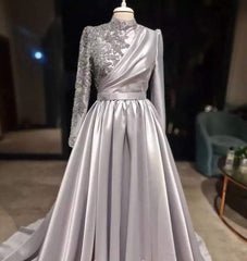 Wedding Dresses For Dancing, Rose Gold Silver Prom Dress, Long Sleeves Dubai Evening Dresses, Muslim Women Wedding Party Gowns 2024 Elegant Silver Grey Arabic Engagement