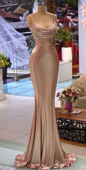 Prom Dress Blue Lace, Sexy Rose Gold Mermaid Spaghetti Straps Maxi Long Prom Dresses Online