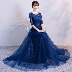 Prom Dress Designers, Blue Tulle Lace Long Prom Dress, Lace Evening Dress