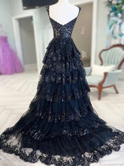 Prom Dresses Tight Fitting, A-Line Sweetheart Neck Tulle Sequin Black Long Prom Dress, Sequin Black Long Formal Evening Dress