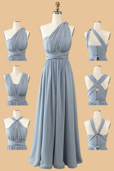 Prom Dresses Cheap, Dusty Blue A-line Chiffon Long Convertible Bridesmaid Dress