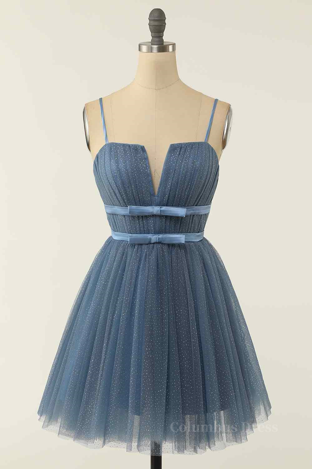 Design Dress Casual, Dusty Blue A-line V Neck Pleated Double Bow Tie Sash Mini Homecoming Dress