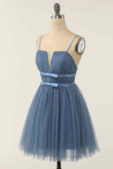 Sweater Dress, Dusty Blue A-line V Neck Pleated Double Bow Tie Sash Mini Homecoming Dress
