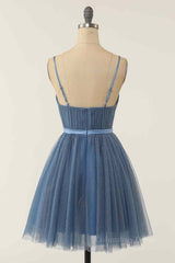 Modest Prom Dress, Dusty Blue A-line V Neck Pleated Double Bow Tie Sash Mini Homecoming Dress